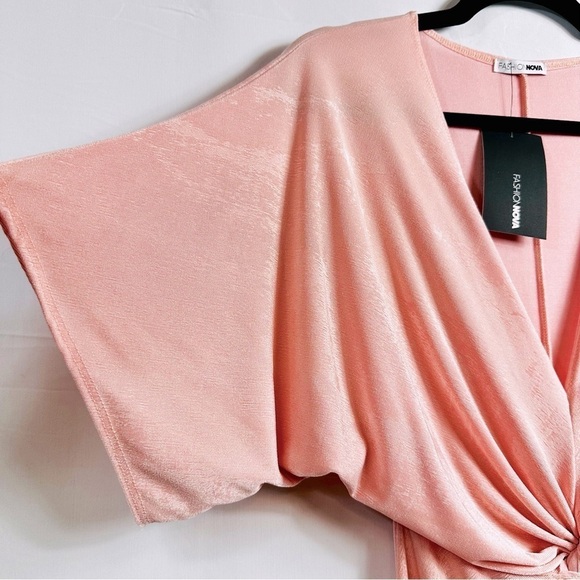NWT Fashion Nova Sz Medium Pink V-Neck Dolman Sleeve Front Split Ruched Dress - Picture 9 of 12